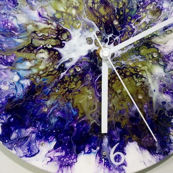 Hand Crafted Resin Clock Fluid Art Bling Purple Olive Green Rhinestones - Picture 5 of 11